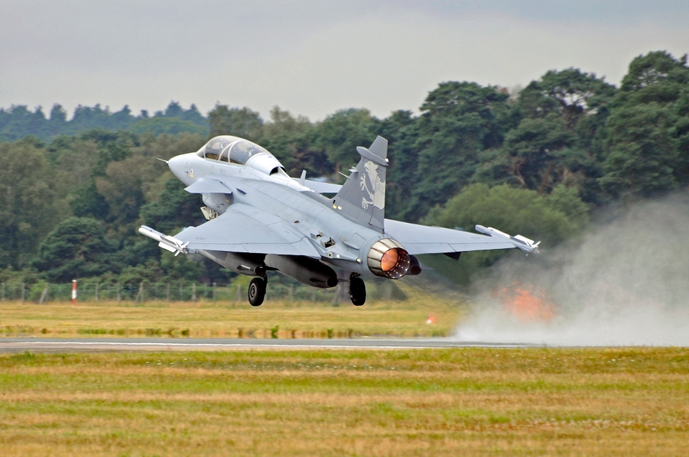 Gripen NG Demonstrator takes off from Farnborough, UK.